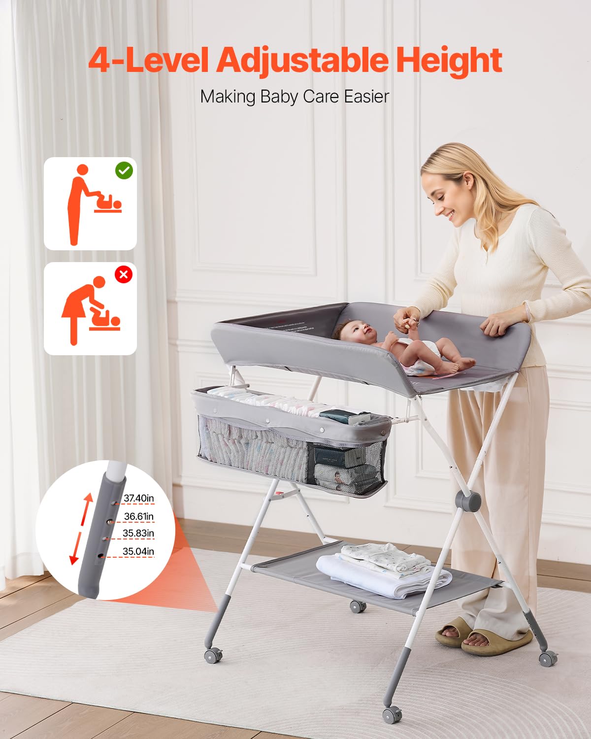 Baby Changing Table, Foldable Diaper Change Station with Side Basket, Adjustable Height Changing Table with Lockable Wheels, Multi-Functional Nursery Storage Organizer, Dark Gray