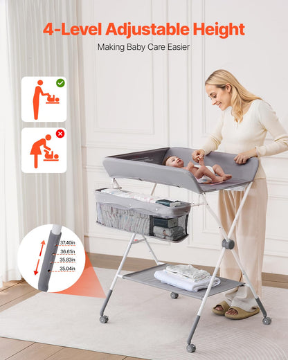 Baby Changing Table, Foldable Diaper Change Station with Side Basket, Adjustable Height Changing Table with Lockable Wheels, Multi-Functional Nursery Storage Organizer, Dark Gray