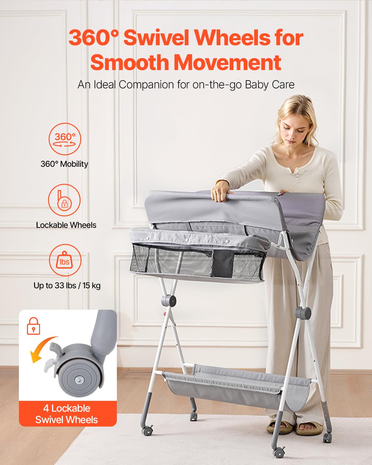 Baby Changing Table, Foldable Diaper Change Station with Side Basket, Adjustable Height Changing Table with Lockable Wheels, Multi-Functional Nursery Storage Organizer, Dark Gray