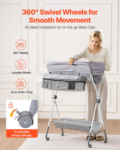 Baby Changing Table, Foldable Diaper Change Station with Side Basket, Adjustable Height Changing Table with Lockable Wheels, Multi-Functional Nursery Storage Organizer, Dark Gray
