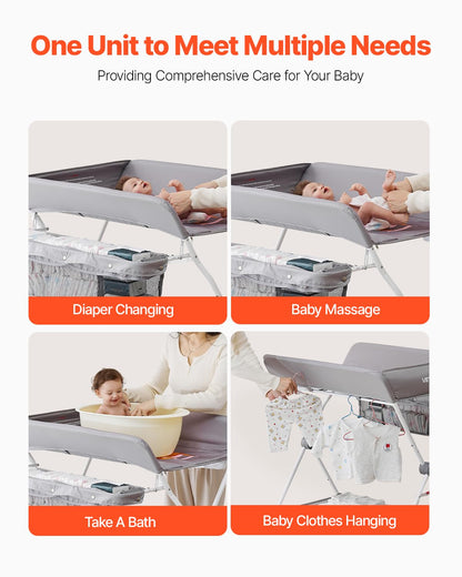 Baby Changing Table, Foldable Diaper Change Station with Side Basket, Adjustable Height Changing Table with Lockable Wheels, Multi-Functional Nursery Storage Organizer, Dark Gray