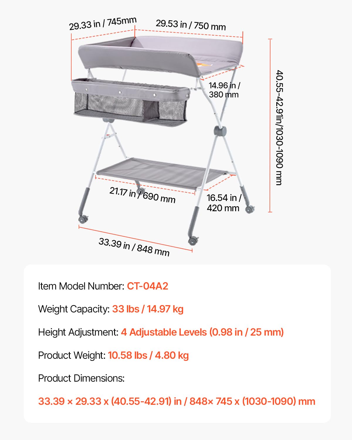 Baby Changing Table, Foldable Diaper Change Station with Side Basket, Adjustable Height Changing Table with Lockable Wheels, Multi-Functional Nursery Storage Organizer, Dark Gray