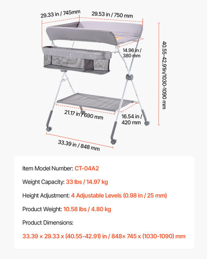 Baby Changing Table, Foldable Diaper Change Station with Side Basket, Adjustable Height Changing Table with Lockable Wheels, Multi-Functional Nursery Storage Organizer, Dark Gray