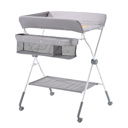 Baby Changing Table, Foldable Diaper Change Station with Side Basket, Adjustable Height Changing Table with Lockable Wheels, Multi-Functional Nursery Storage Organizer, Dark Gray
