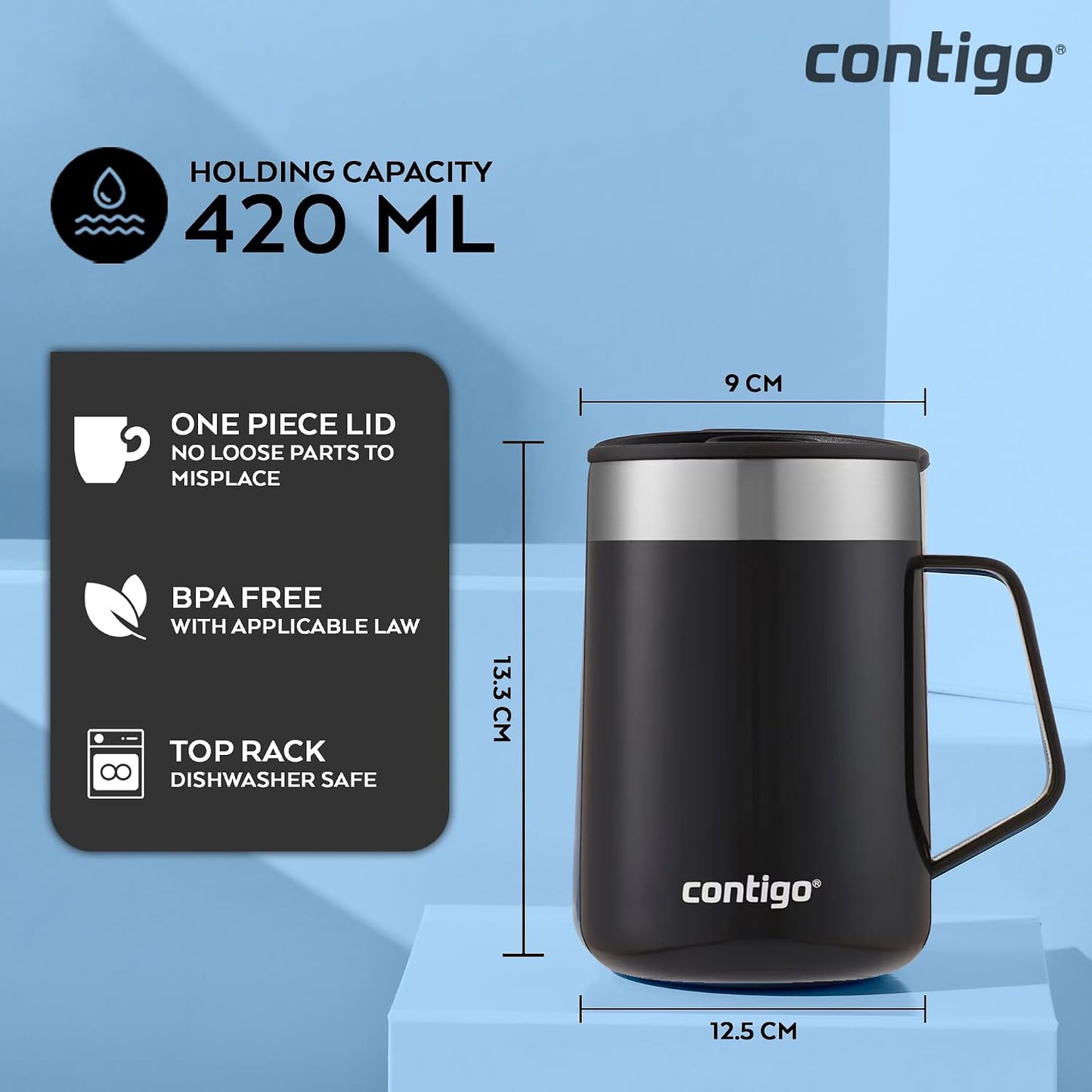 Streeterville Desk Mug, Insulated Coffee Mug with Stainless Steel Handle, Coffee to go Mug with lid, Keeps Coffee and Tea Warm for up to 5 Hours, Ideal for Office & Home, 410 ml
