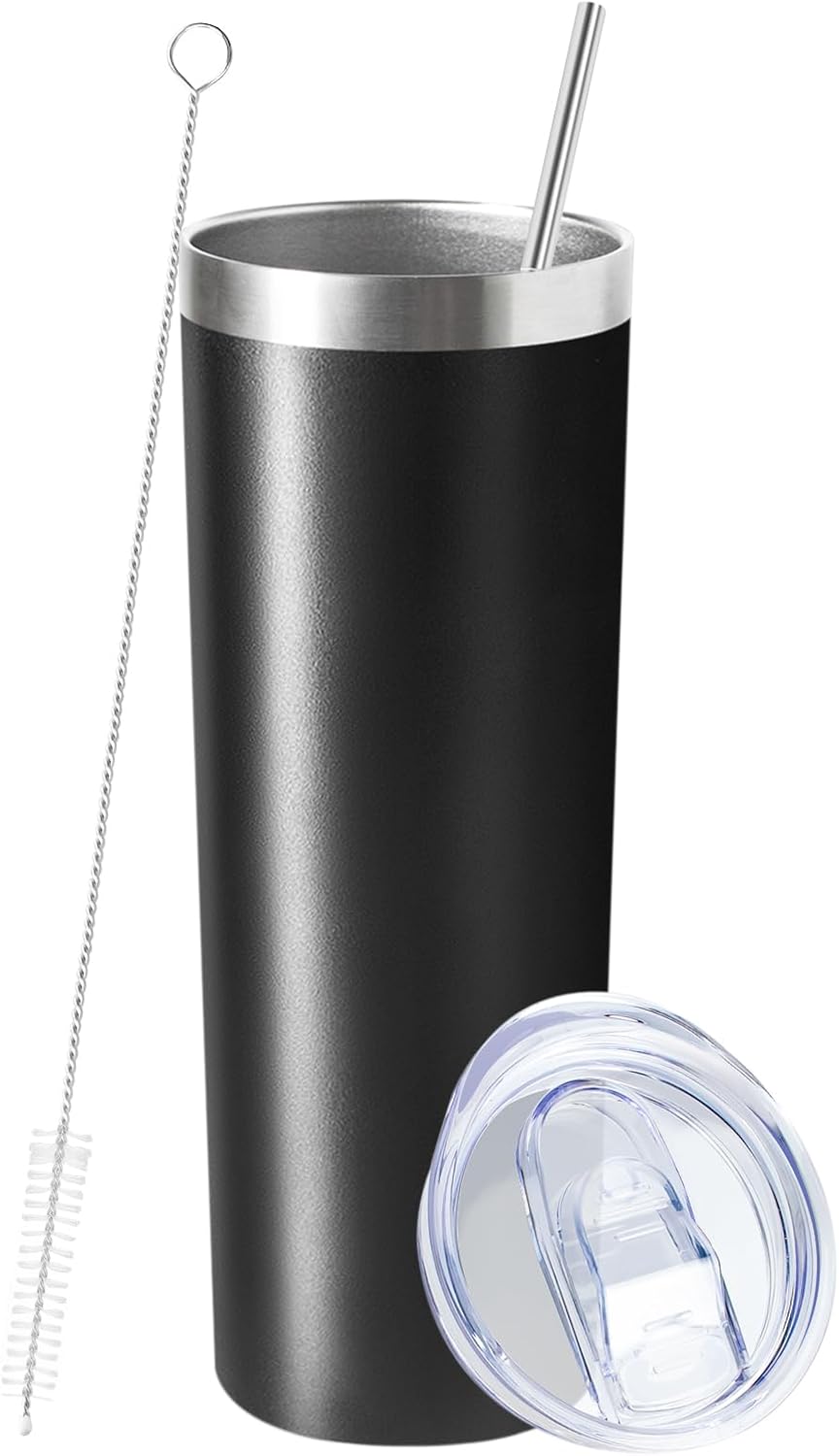 20 oz Skinny Tumbler with Lid and Straw,Stainless Steel Vacuum Insulated Tumbler Cup Double Wall Leak-proof Coffee Mug,Travel Thermal Water Tumbler for Home,Office,Outdoor(Black,1)