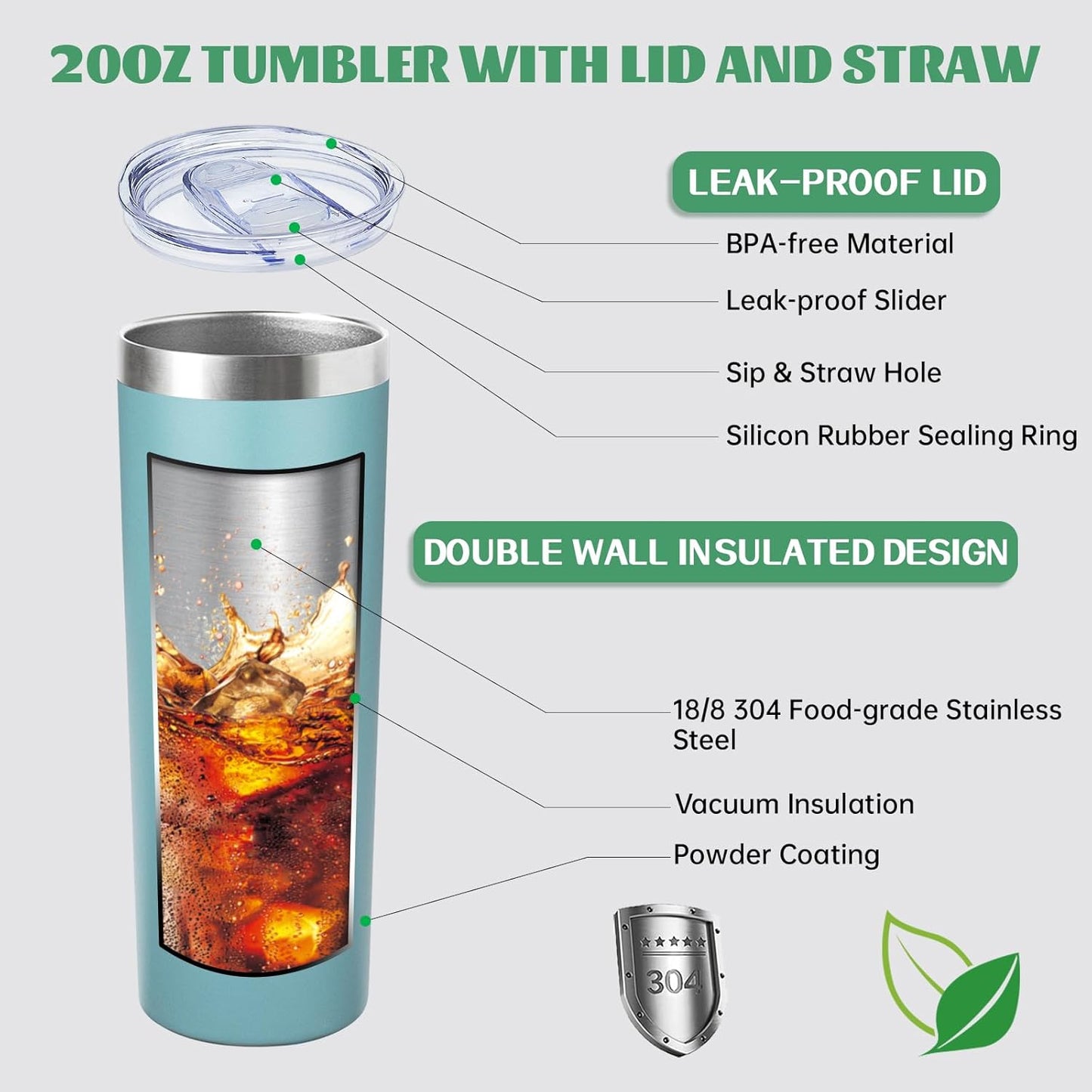 20 oz Skinny Tumbler with Lid and Straw,Stainless Steel Vacuum Insulated Tumbler Cup Double Wall Leak-proof Coffee Mug,Travel Thermal Water Tumbler for Home,Office,Outdoor(Black,1)