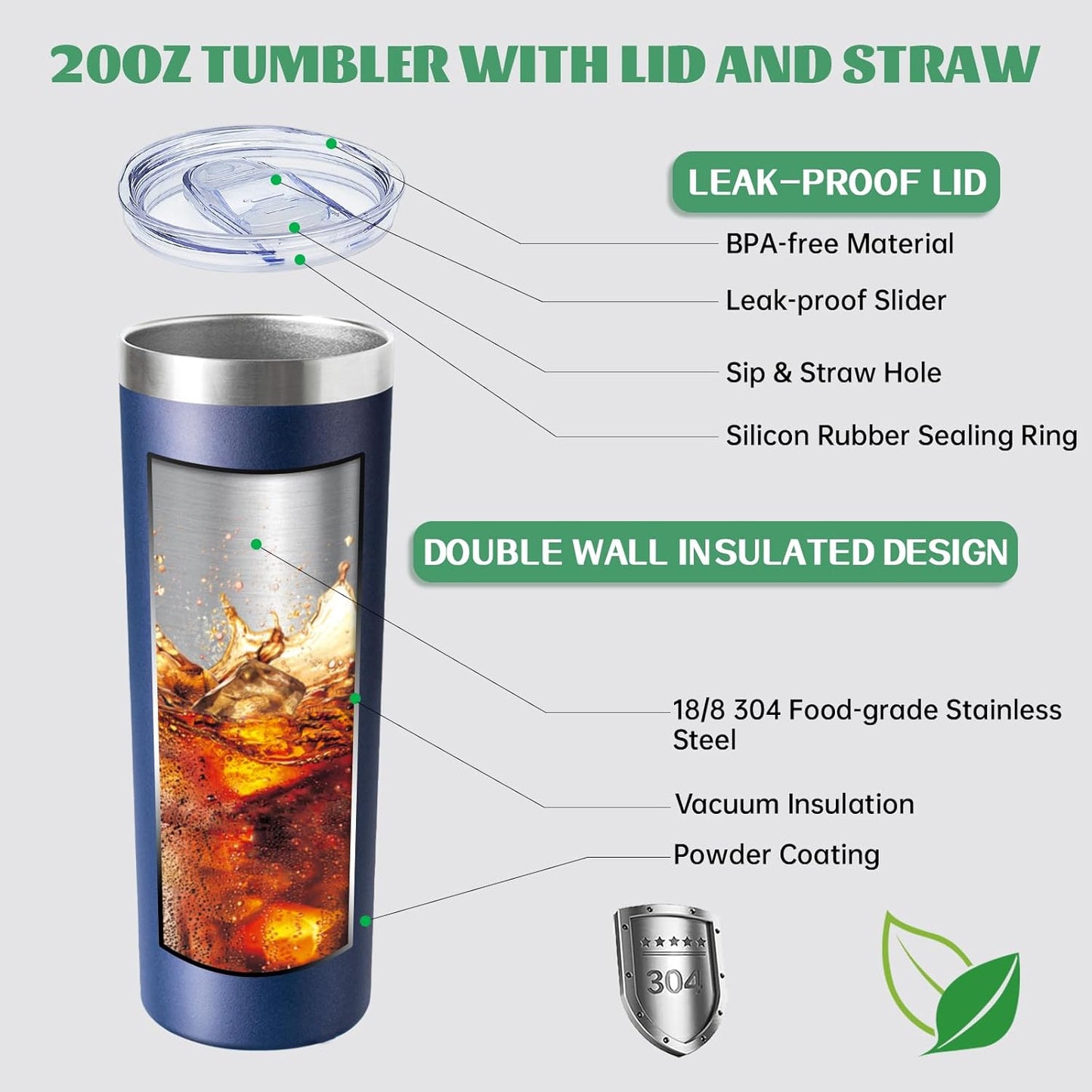 20 oz Skinny Tumbler with Lid and Straw,Stainless Steel Vacuum Insulated Tumbler Cup Double Wall Leak-proof Coffee Mug,Travel Thermal Water Tumbler for Home,Office,Outdoor(Black,1)