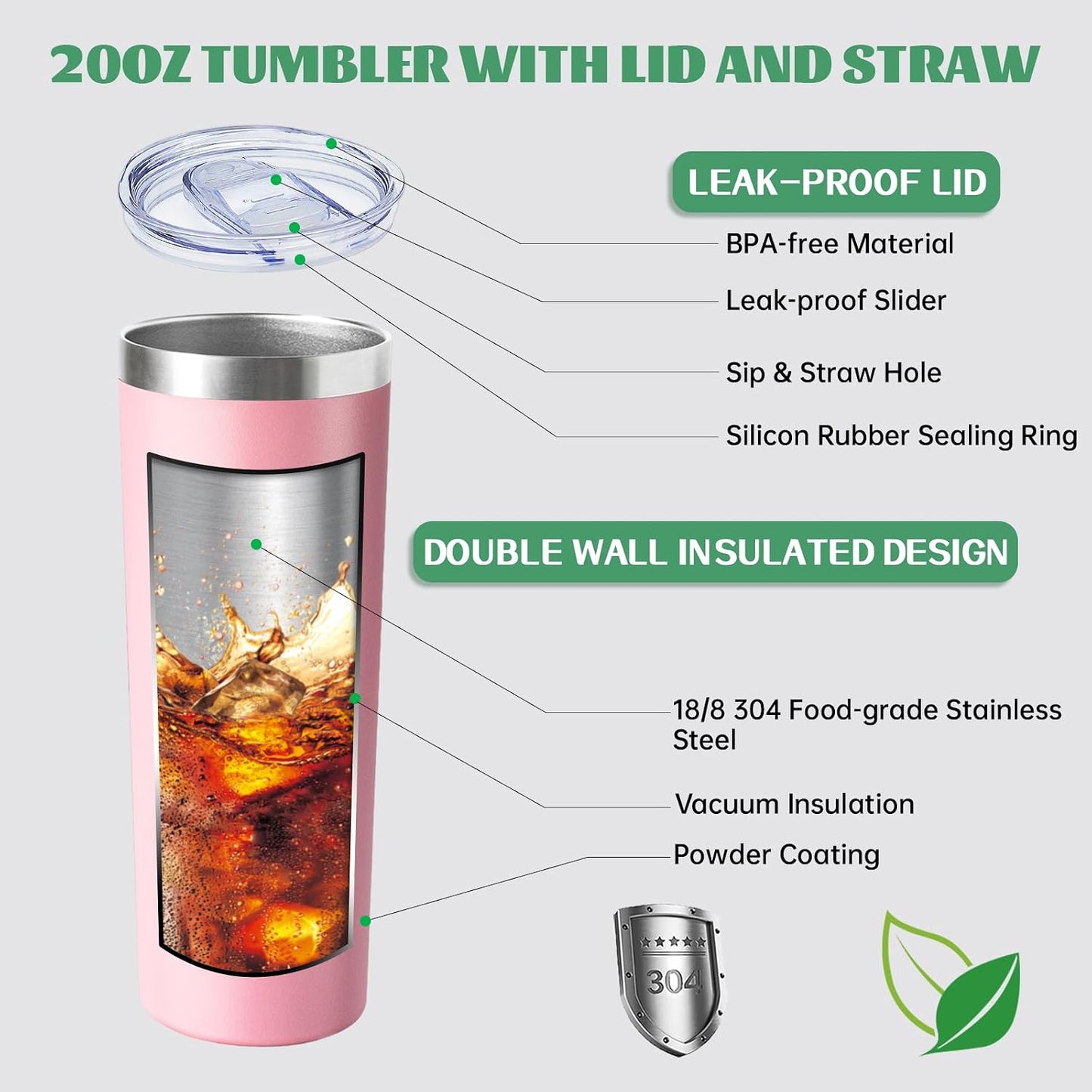 20 oz Skinny Tumbler with Lid and Straw,Stainless Steel Vacuum Insulated Tumbler Cup Double Wall Leak-proof Coffee Mug,Travel Thermal Water Tumbler for Home,Office,Outdoor(Black,1)