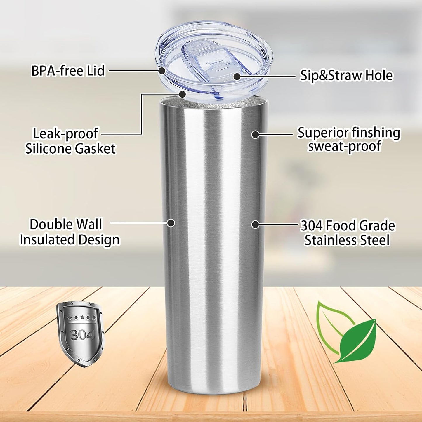 20 oz Skinny Tumbler with Lid and Straw,Stainless Steel Vacuum Insulated Tumbler Cup Double Wall Leak-proof Coffee Mug,Travel Thermal Water Tumbler for Home,Office,Outdoor(Black,1)