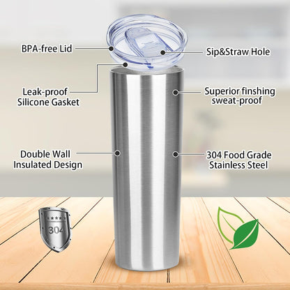 20 oz Skinny Tumbler with Lid and Straw,Stainless Steel Vacuum Insulated Tumbler Cup Double Wall Leak-proof Coffee Mug,Travel Thermal Water Tumbler for Home,Office,Outdoor(Black,1)