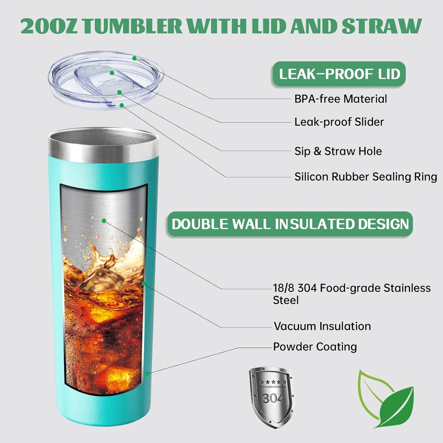 20 oz Skinny Tumbler with Lid and Straw,Stainless Steel Vacuum Insulated Tumbler Cup Double Wall Leak-proof Coffee Mug,Travel Thermal Water Tumbler for Home,Office,Outdoor(Black,1)