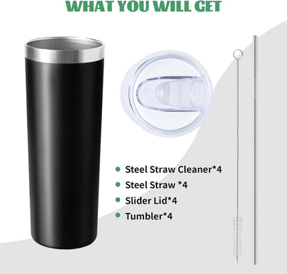 20 oz Skinny Tumbler with Lid and Straw,Stainless Steel Vacuum Insulated Tumbler Cup Double Wall Leak-proof Coffee Mug,Travel Thermal Water Tumbler for Home,Office,Outdoor(Black,1)
