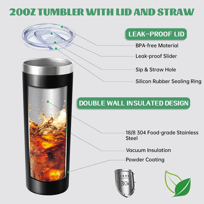 20 oz Skinny Tumbler with Lid and Straw,Stainless Steel Vacuum Insulated Tumbler Cup Double Wall Leak-proof Coffee Mug,Travel Thermal Water Tumbler for Home,Office,Outdoor(Black,1)