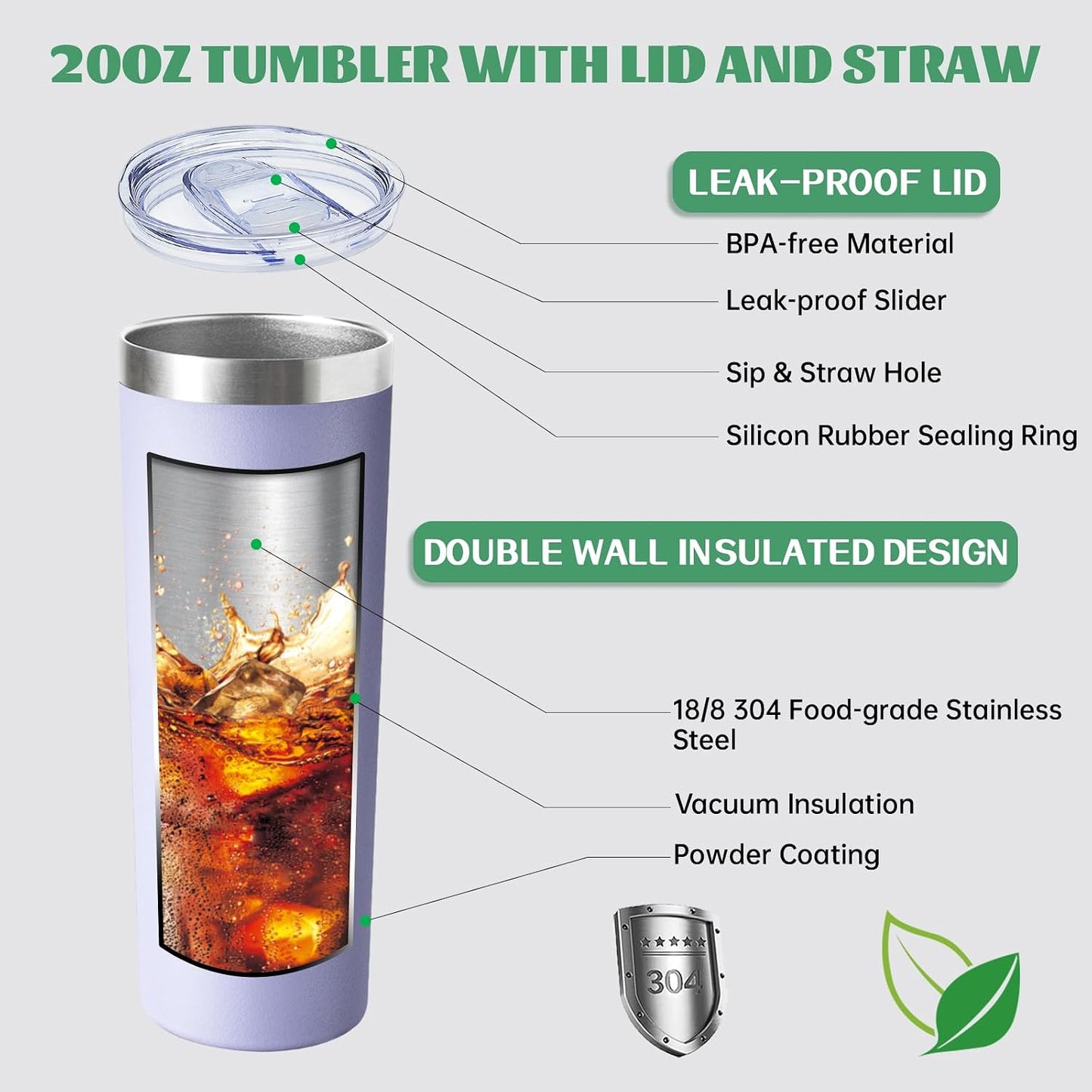 20 oz Skinny Tumbler with Lid and Straw,Stainless Steel Vacuum Insulated Tumbler Cup Double Wall Leak-proof Coffee Mug,Travel Thermal Water Tumbler for Home,Office,Outdoor(Black,1)
