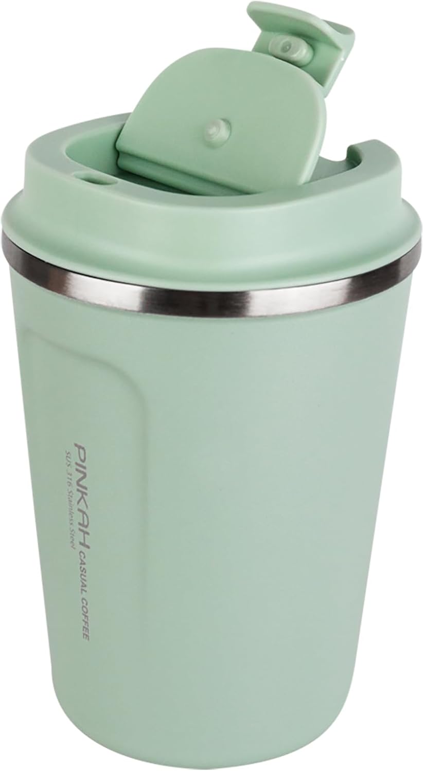 12oz Travel Coffee Mug, Double Wall Insulated Coffee Cup with Flip Lid, Vacuum Stainless Steel Reusable Thermal Cup for Hot & Cold Drinks, Mint Green