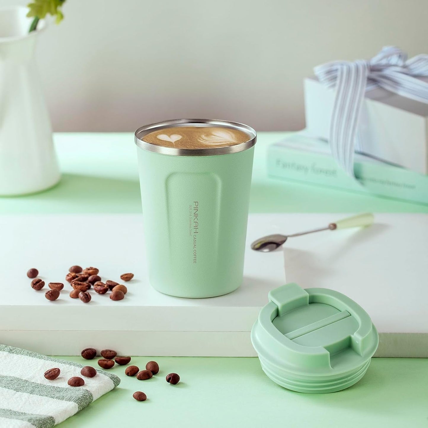 12oz Travel Coffee Mug, Double Wall Insulated Coffee Cup with Flip Lid, Vacuum Stainless Steel Reusable Thermal Cup for Hot & Cold Drinks, Mint Green