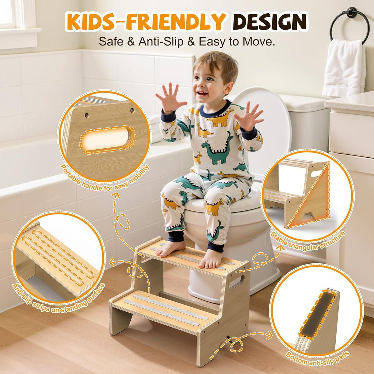 Step Stool for Toddler Wooden 2-Pack, Anti-Slip, for Potty Training
