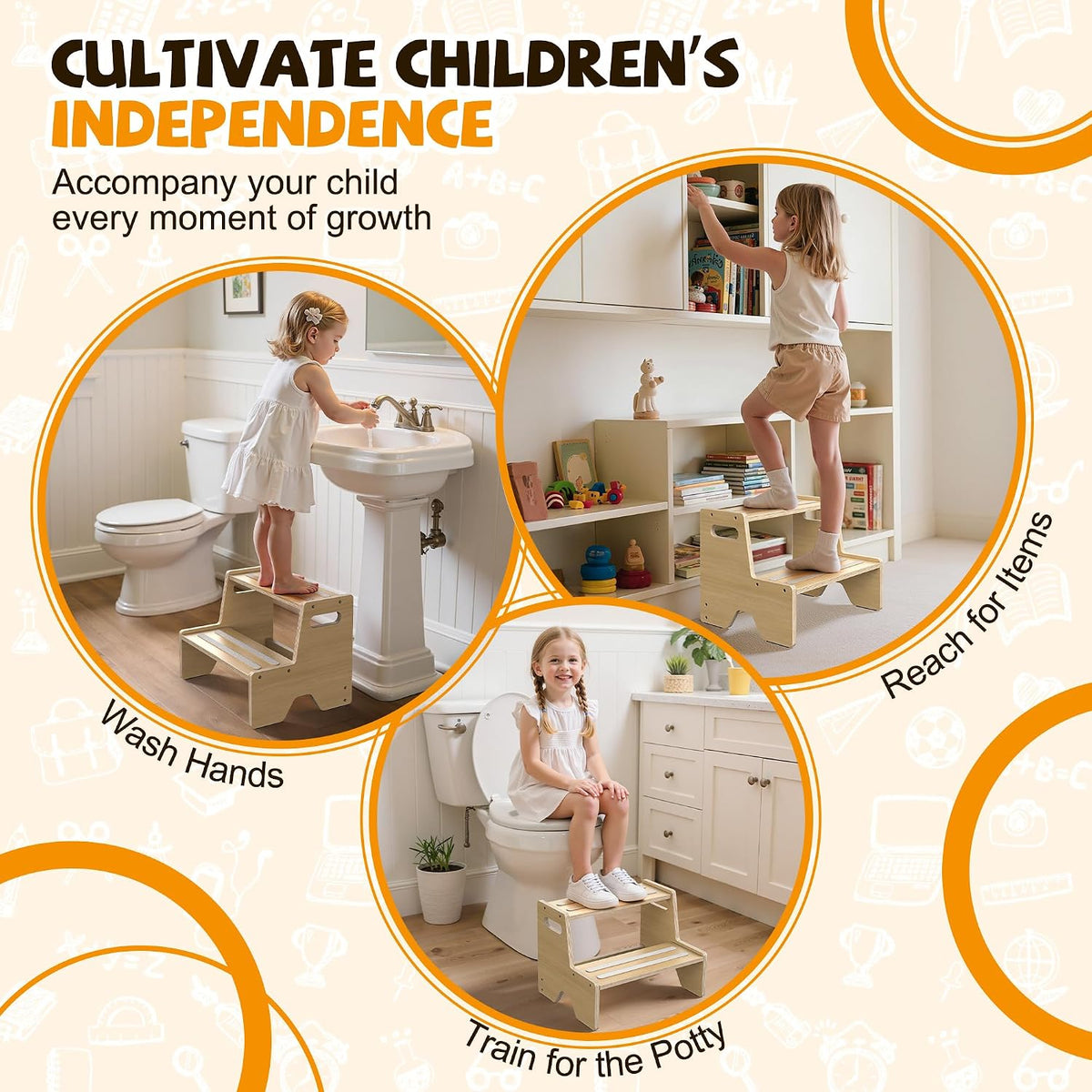 Step Stool for Toddler Wooden 2-Pack, Anti-Slip, for Potty Training