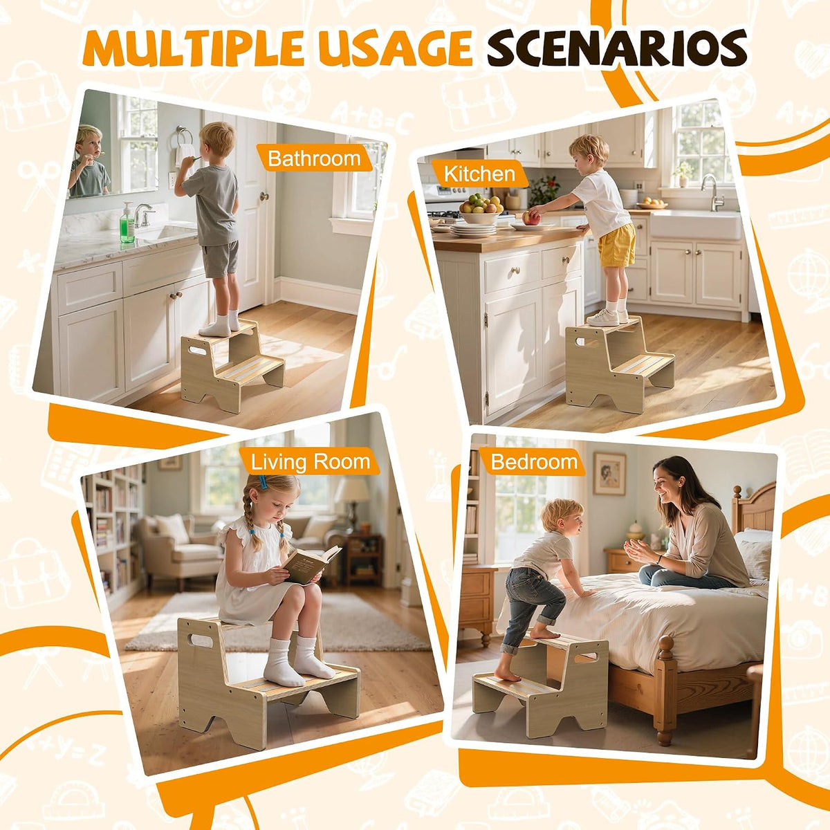 Step Stool for Toddler Wooden 2-Pack, Anti-Slip, for Potty Training