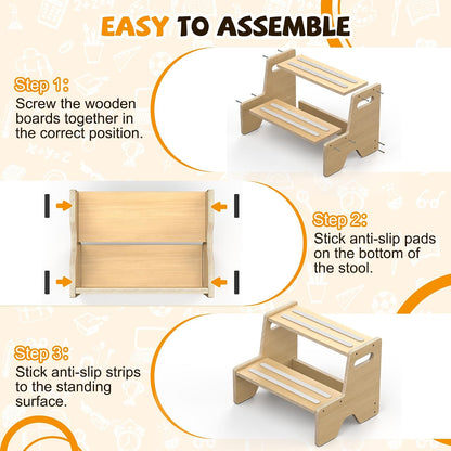 Step Stool for Toddler Wooden 2-Pack, Anti-Slip, for Potty Training