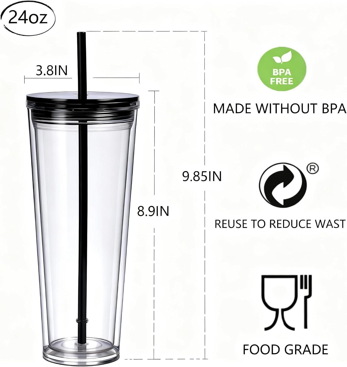 24oz Tumbler with Lid and Straw, Leak Proof and Double Wall Insulated Reusable Plastic Cups,Travel Reusable Iced Coffee Cup (2, White Butterfly)