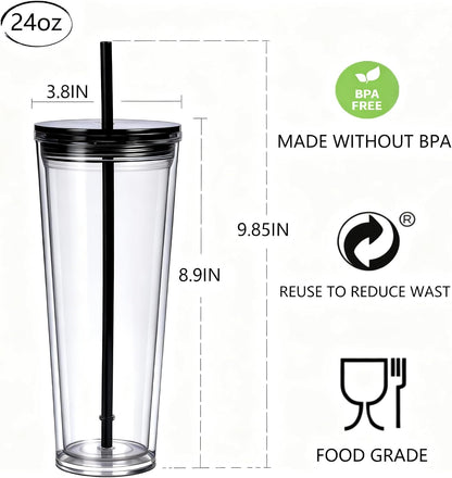 24oz Tumbler with Lid and Straw, Leak Proof and Double Wall Insulated Reusable Plastic Cups,Travel Reusable Iced Coffee Cup (2, White Butterfly)