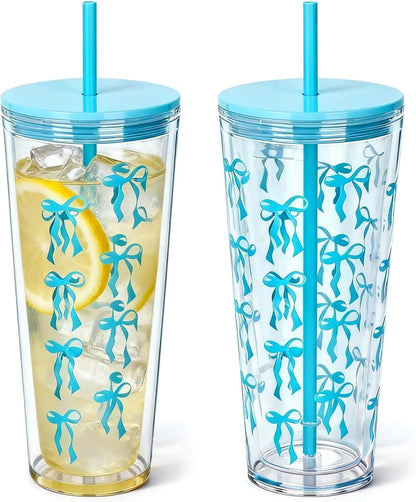 24oz Tumbler with Lid and Straw, Leak Proof and Double Wall Insulated Reusable Plastic Cups,Travel Reusable Iced Coffee Cup (2, White Butterfly)