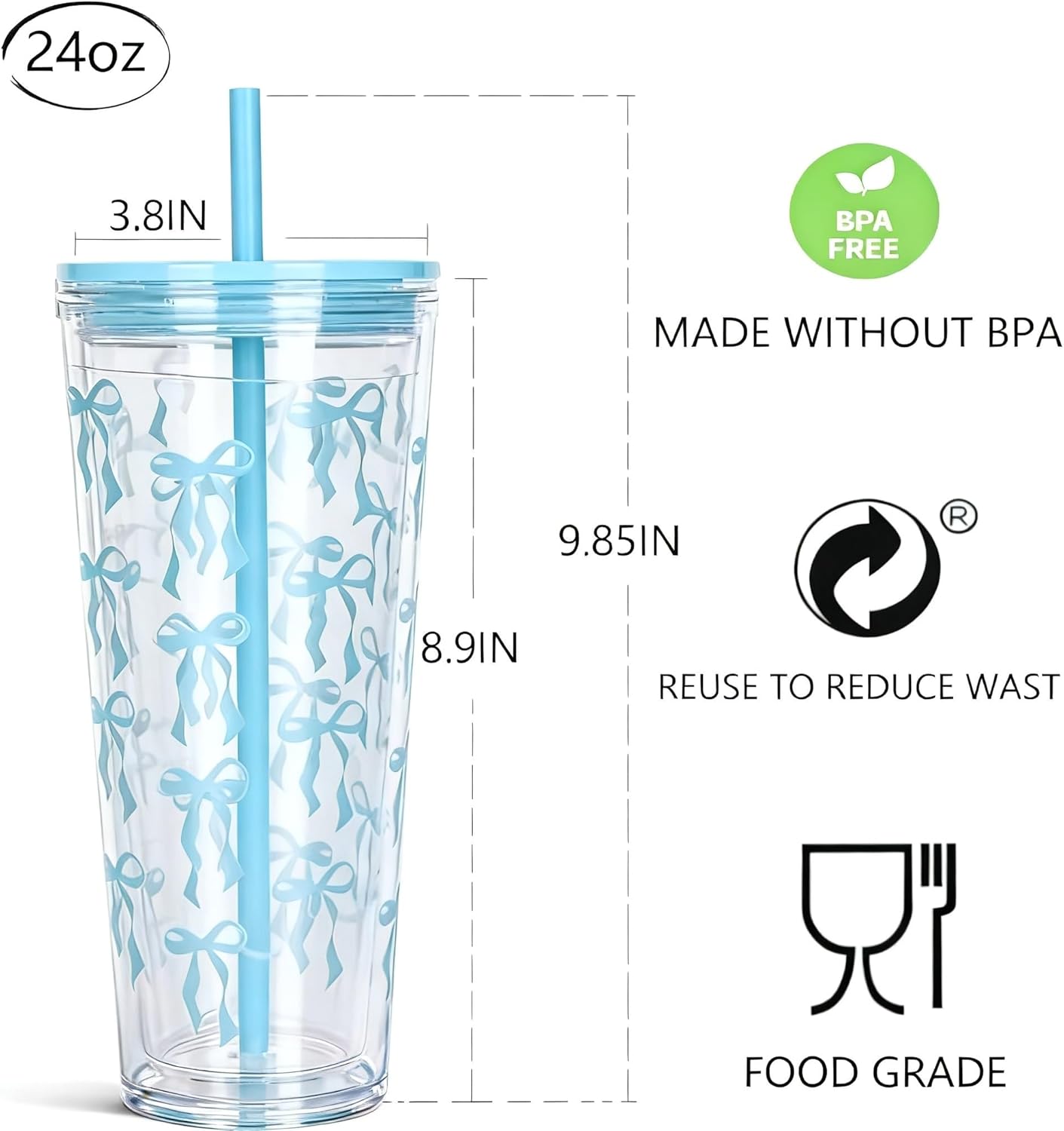 24oz Tumbler with Lid and Straw, Leak Proof and Double Wall Insulated Reusable Plastic Cups,Travel Reusable Iced Coffee Cup (2, White Butterfly)