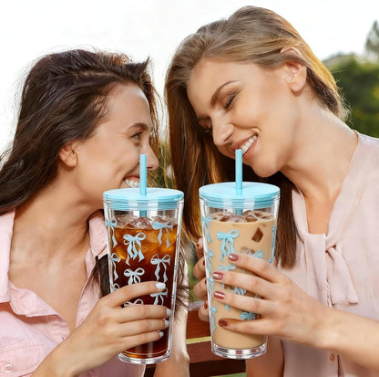 24oz Tumbler with Lid and Straw, Leak Proof and Double Wall Insulated Reusable Plastic Cups,Travel Reusable Iced Coffee Cup (2, White Butterfly)