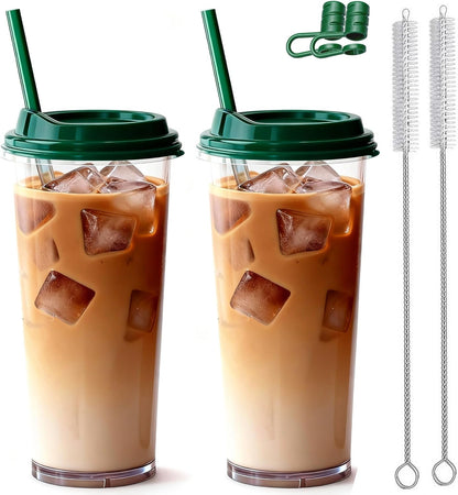 24oz Tumbler with Lid and Straw, Leak Proof and Double Wall Insulated Reusable Plastic Cups,Travel Reusable Iced Coffee Cup (2, White Butterfly)