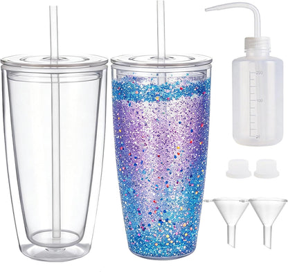 24oz Tumbler with Lid and Straw, Leak Proof and Double Wall Insulated Reusable Plastic Cups,Travel Reusable Iced Coffee Cup (2, White Butterfly)