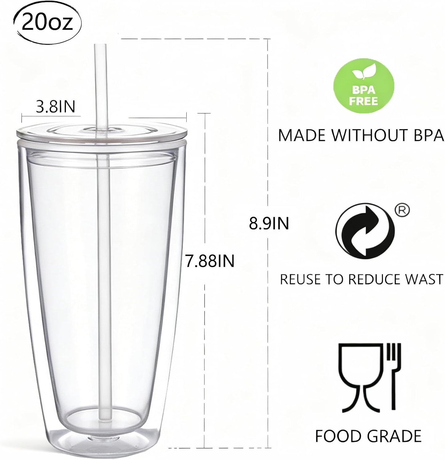 24oz Tumbler with Lid and Straw, Leak Proof and Double Wall Insulated Reusable Plastic Cups,Travel Reusable Iced Coffee Cup (2, White Butterfly)