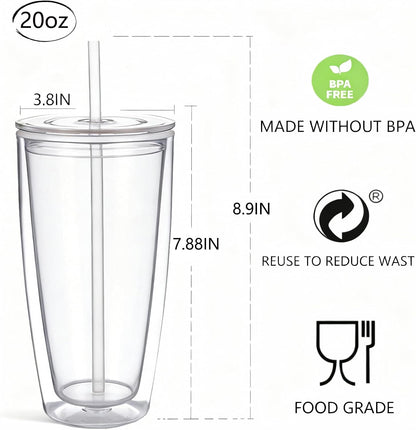24oz Tumbler with Lid and Straw, Leak Proof and Double Wall Insulated Reusable Plastic Cups,Travel Reusable Iced Coffee Cup (2, White Butterfly)
