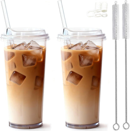 24oz Tumbler with Lid and Straw, Leak Proof and Double Wall Insulated Reusable Plastic Cups,Travel Reusable Iced Coffee Cup (2, White Butterfly)