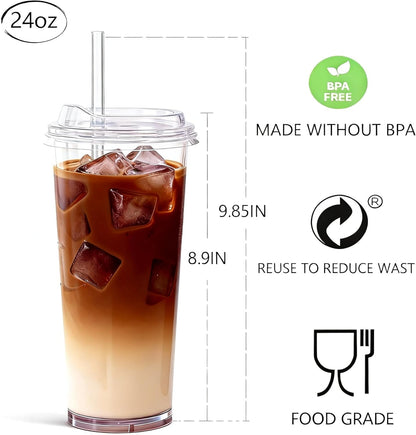 24oz Tumbler with Lid and Straw, Leak Proof and Double Wall Insulated Reusable Plastic Cups,Travel Reusable Iced Coffee Cup (2, White Butterfly)