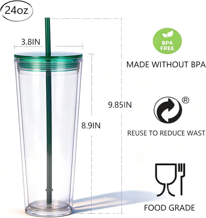 24oz Tumbler with Lid and Straw, Leak Proof and Double Wall Insulated Reusable Plastic Cups,Travel Reusable Iced Coffee Cup (2, White Butterfly)