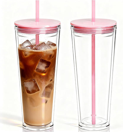 24oz Tumbler with Lid and Straw, Leak Proof and Double Wall Insulated Reusable Plastic Cups,Travel Reusable Iced Coffee Cup (2, White Butterfly)
