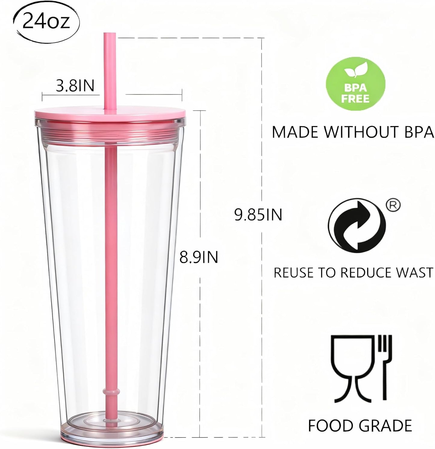 24oz Tumbler with Lid and Straw, Leak Proof and Double Wall Insulated Reusable Plastic Cups,Travel Reusable Iced Coffee Cup (2, White Butterfly)