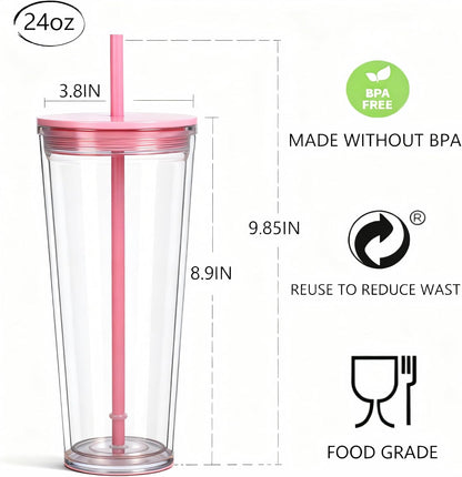 24oz Tumbler with Lid and Straw, Leak Proof and Double Wall Insulated Reusable Plastic Cups,Travel Reusable Iced Coffee Cup (2, White Butterfly)