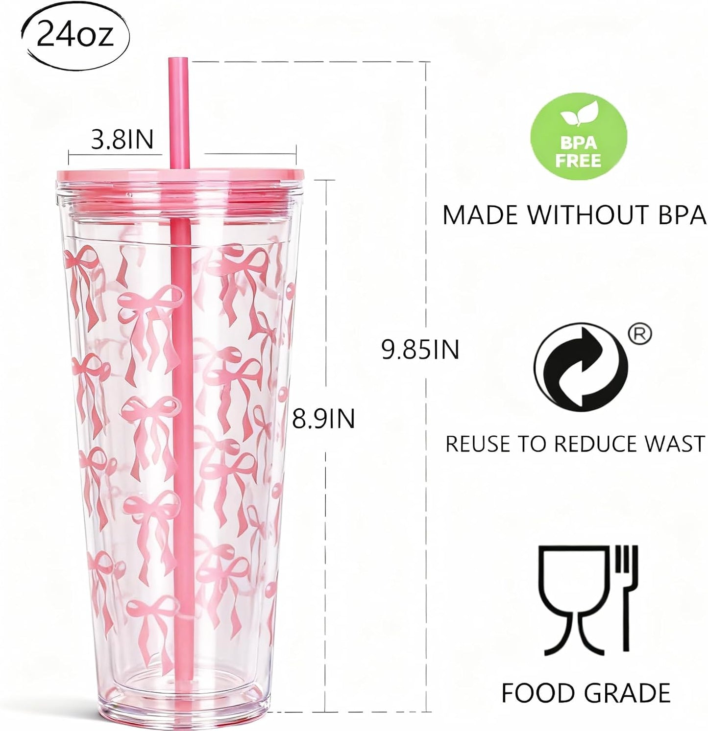 24oz Tumbler with Lid and Straw, Leak Proof and Double Wall Insulated Reusable Plastic Cups,Travel Reusable Iced Coffee Cup (2, White Butterfly)