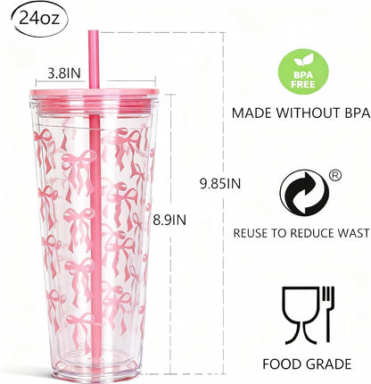 24oz Tumbler with Lid and Straw, Leak Proof and Double Wall Insulated Reusable Plastic Cups,Travel Reusable Iced Coffee Cup (2, White Butterfly)