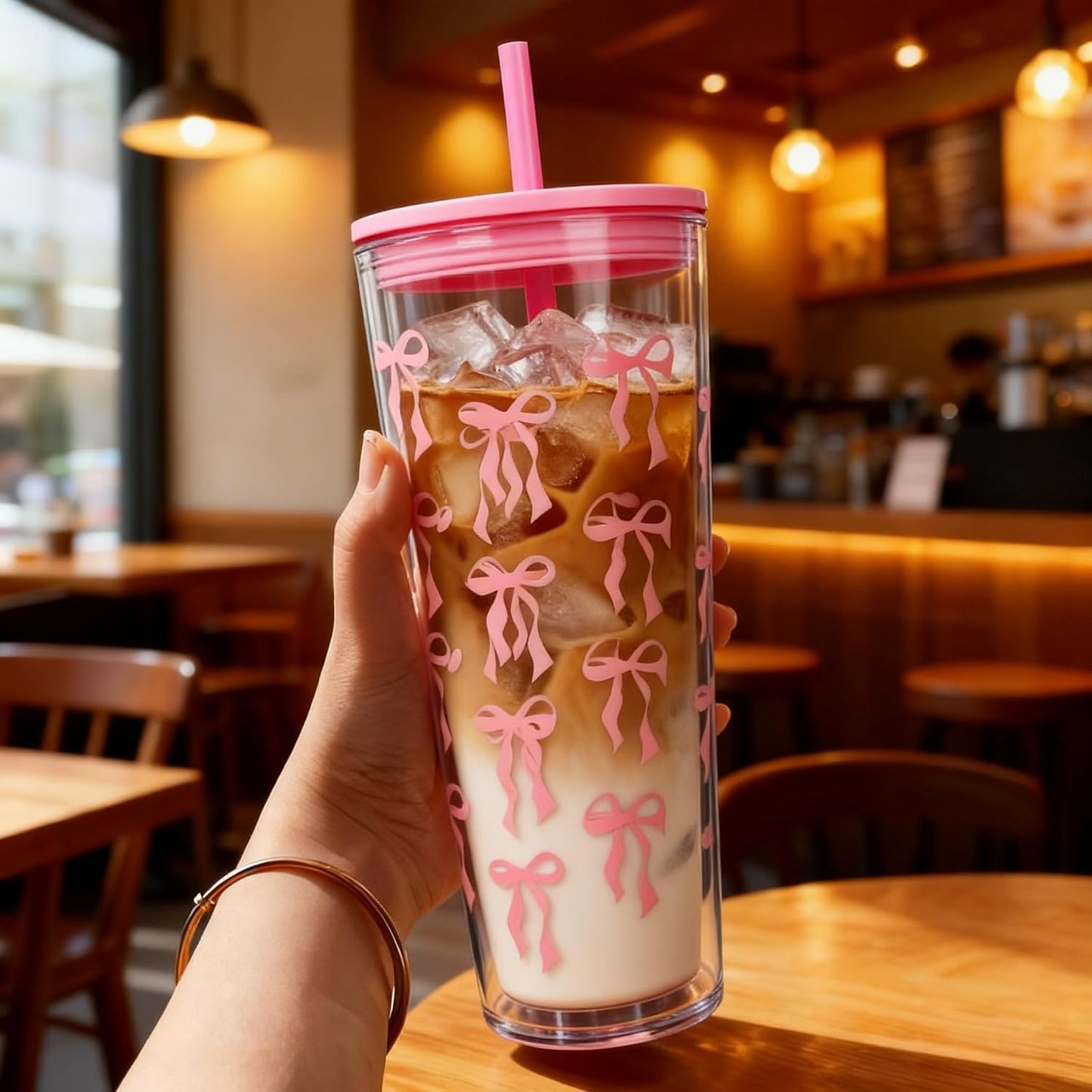 24oz Tumbler with Lid and Straw, Leak Proof and Double Wall Insulated Reusable Plastic Cups,Travel Reusable Iced Coffee Cup (2, White Butterfly)