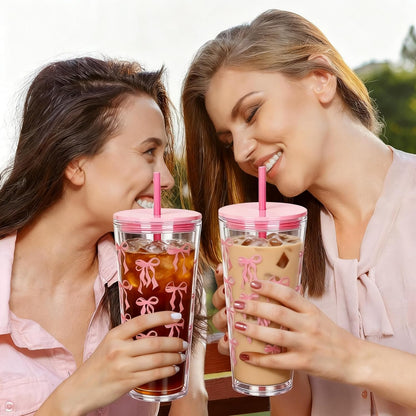 24oz Tumbler with Lid and Straw, Leak Proof and Double Wall Insulated Reusable Plastic Cups,Travel Reusable Iced Coffee Cup (2, White Butterfly)