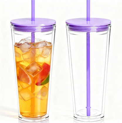24oz Tumbler with Lid and Straw, Leak Proof and Double Wall Insulated Reusable Plastic Cups,Travel Reusable Iced Coffee Cup (2, White Butterfly)