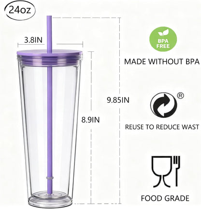 24oz Tumbler with Lid and Straw, Leak Proof and Double Wall Insulated Reusable Plastic Cups,Travel Reusable Iced Coffee Cup (2, White Butterfly)