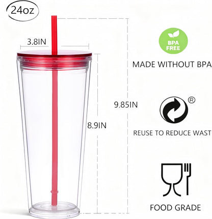 24oz Tumbler with Lid and Straw, Leak Proof and Double Wall Insulated Reusable Plastic Cups,Travel Reusable Iced Coffee Cup (2, White Butterfly)