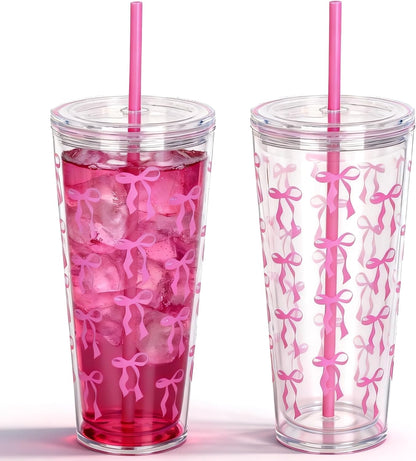 24oz Tumbler with Lid and Straw, Leak Proof and Double Wall Insulated Reusable Plastic Cups,Travel Reusable Iced Coffee Cup (2, White Butterfly)