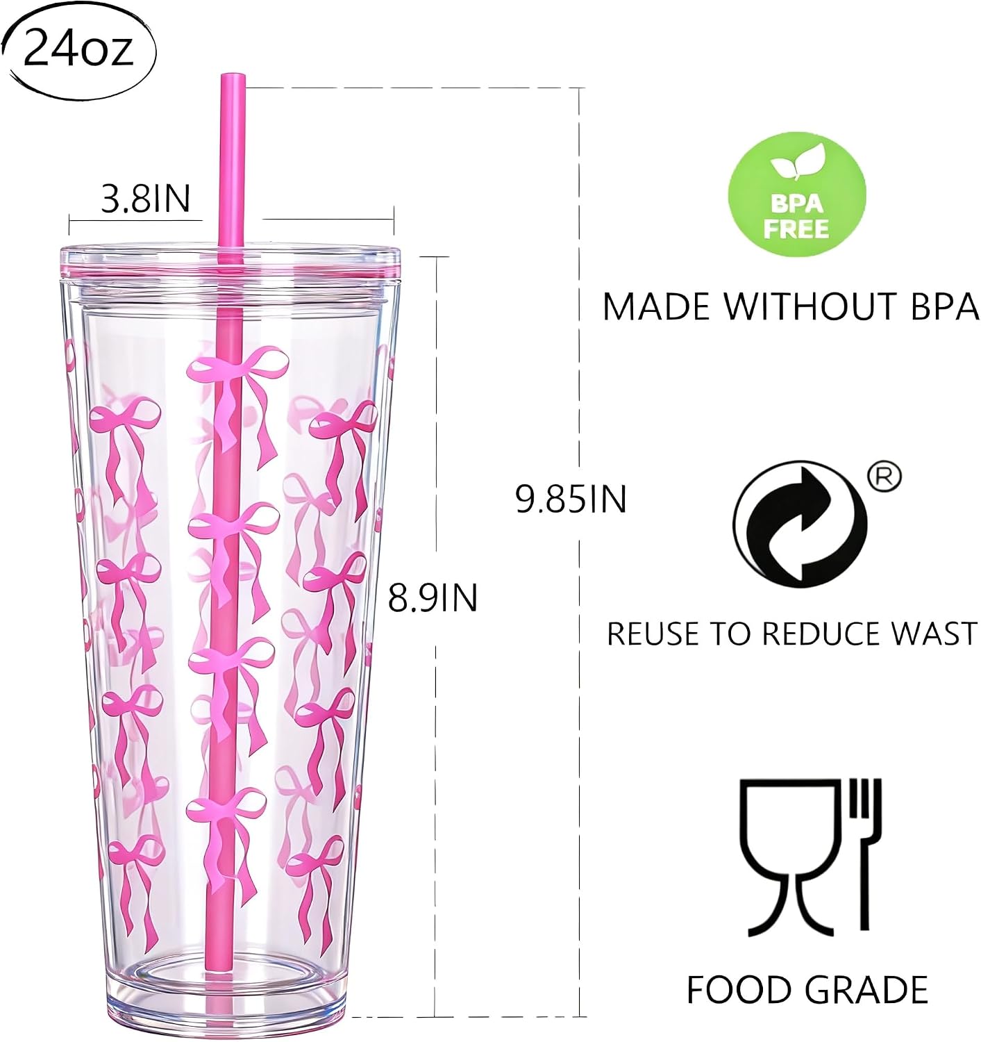 24oz Tumbler with Lid and Straw, Leak Proof and Double Wall Insulated Reusable Plastic Cups,Travel Reusable Iced Coffee Cup (2, White Butterfly)