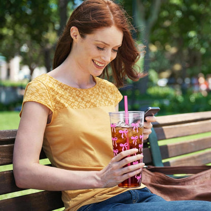24oz Tumbler with Lid and Straw, Leak Proof and Double Wall Insulated Reusable Plastic Cups,Travel Reusable Iced Coffee Cup (2, White Butterfly)